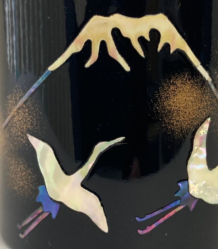 茶道具】唐銅 螺鈿貼り 富士に鶴図 蓋置 *金谷宗林*