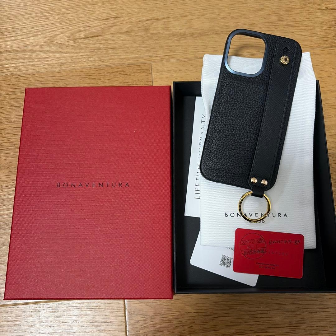 BONAVENTURA ブラック iPhone 17 ケース iPhone 17) ハンドル付き バックカバーケース リザードエンボスレザー