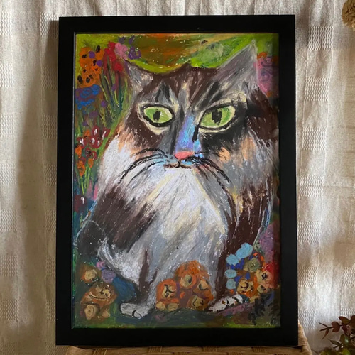 絵画。壁掛け絵原画手描き【山の野の花の中のかっこいい猫】 絵画