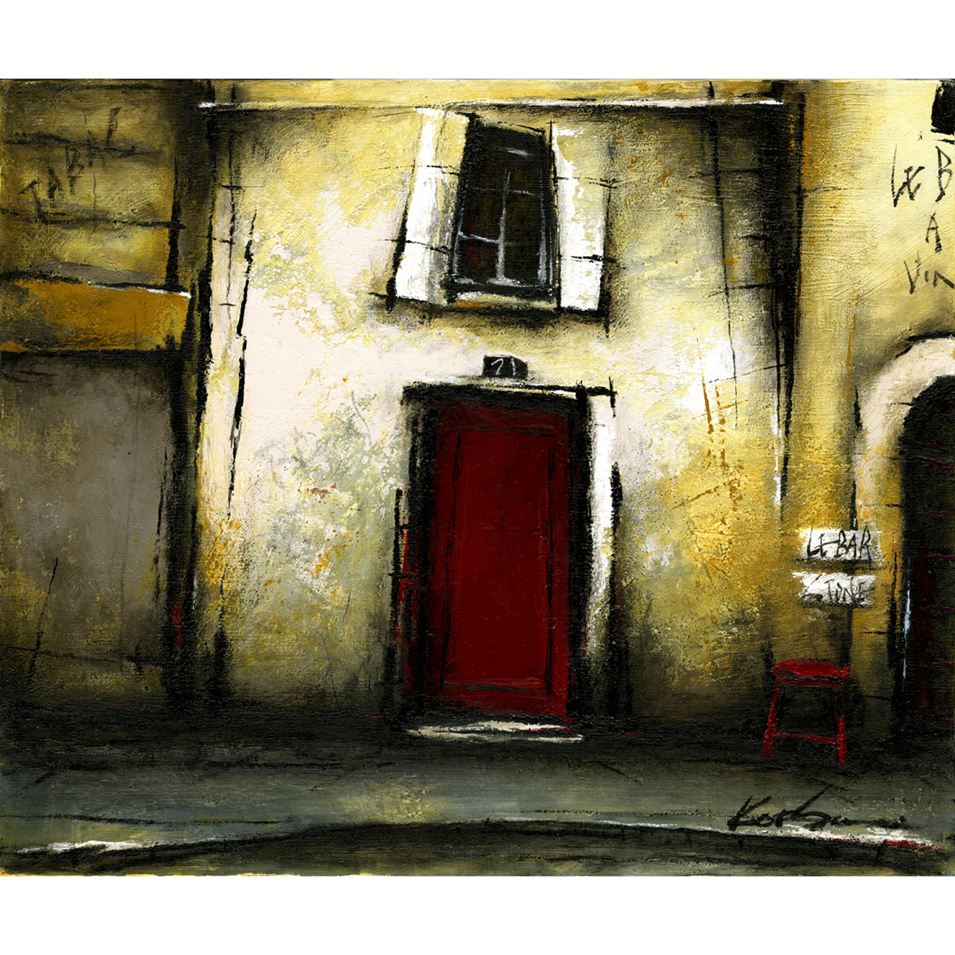 風景画 絵画 パリ 「裏通りの赤い扉のアパートメント」 by Katsu/中野